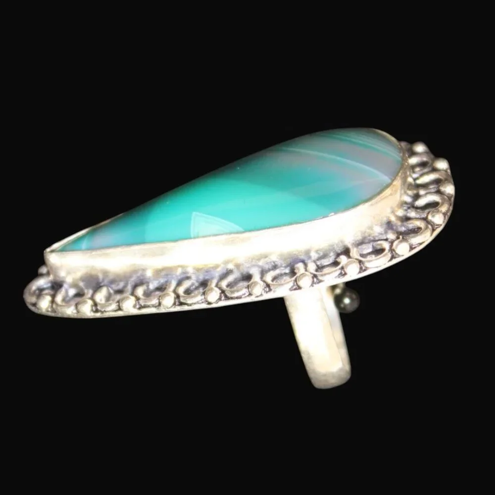 Vintage 925 Silver Green Banded Agate Statement Ring Boho Southwest Teardrop - Picture 7 of 8